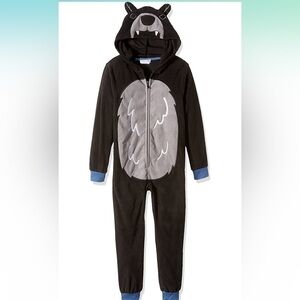 YOUTH size Medium black bear hooded full length zip up pajamas